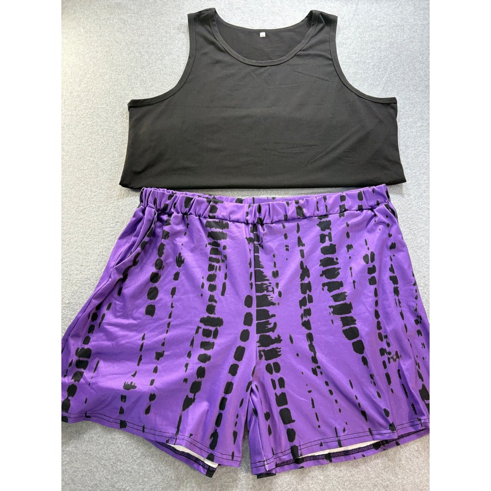 Purple Tie Dye Shorts and Black Tank Top Set 2 Piece‎ Plus Size 5XL 6XL